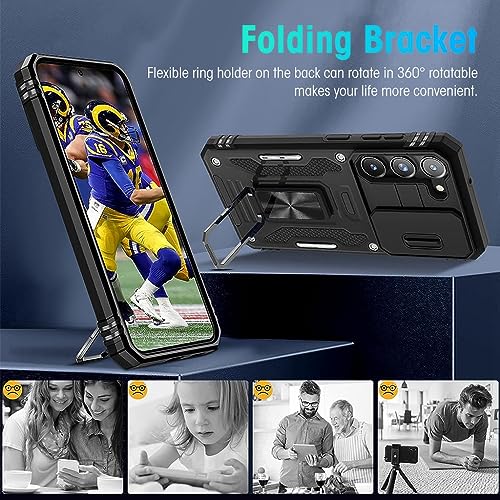 ZORBES® Phone Case for Samsung Galaxy S23 with Rotatable Kickstand Grip Hard PC Sliding Camera Cover Anti-Scratch Black 2 PCS