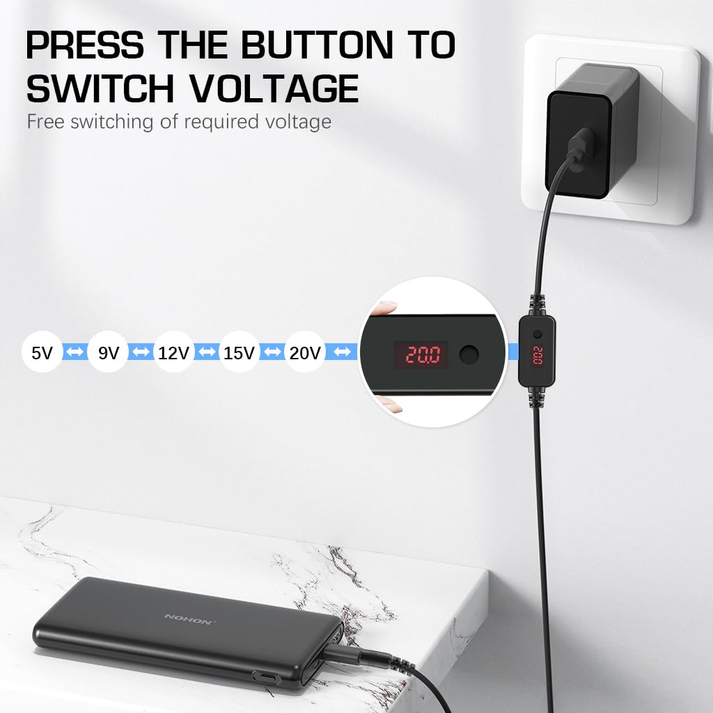 Verilux® USB C to DC Cable with 8 DC Connectors, 5V-20V Adjustable Power Design with Switch Button, 3.3Ft USB C to DC Converter Charging Cable for Notebooks, Portable Monitors, Stationary Routers