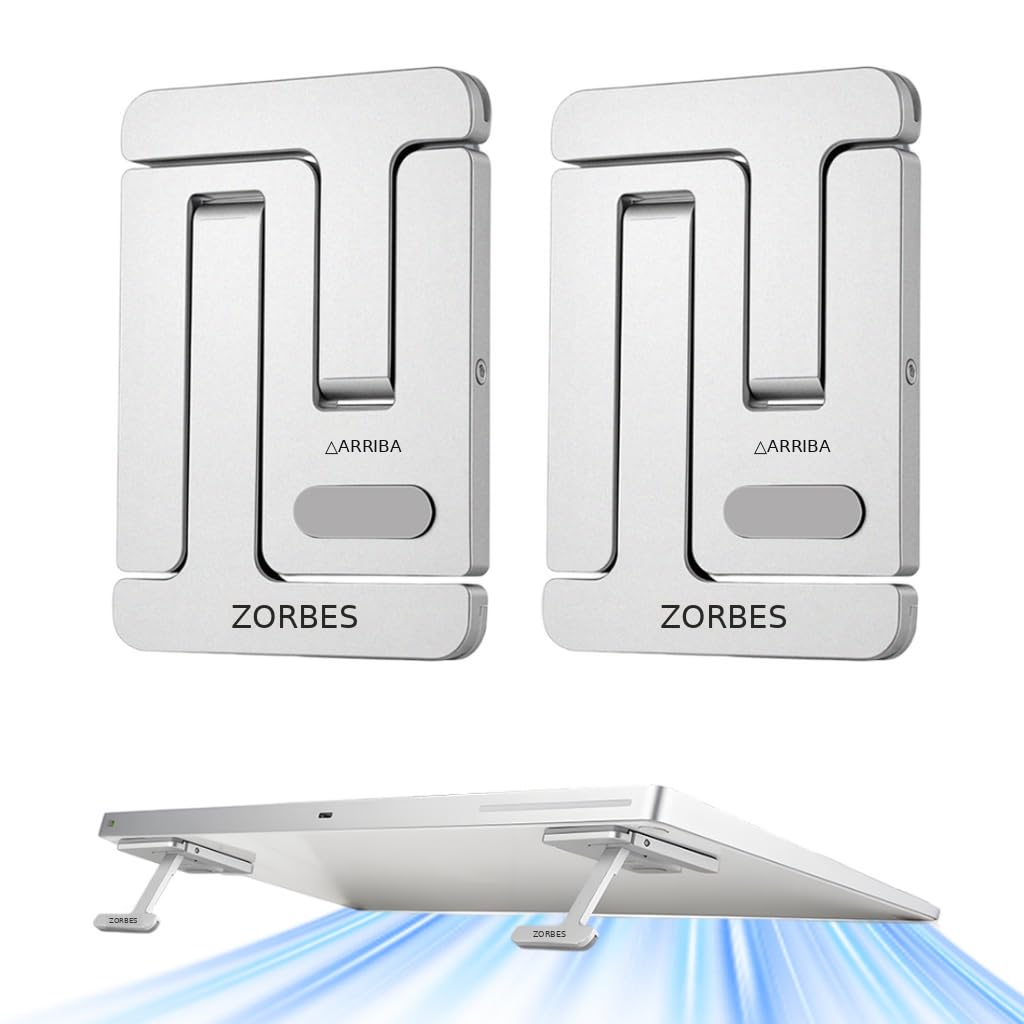 ZORBES® Laptop Risers, 2Pcs Aluminum Alloy Laptop Stands with 3 Adjustable Height, Folding Self Adhesive Compact Laptop Riser for Ergonomic Typing, Heat Dissipation, and Stable Support