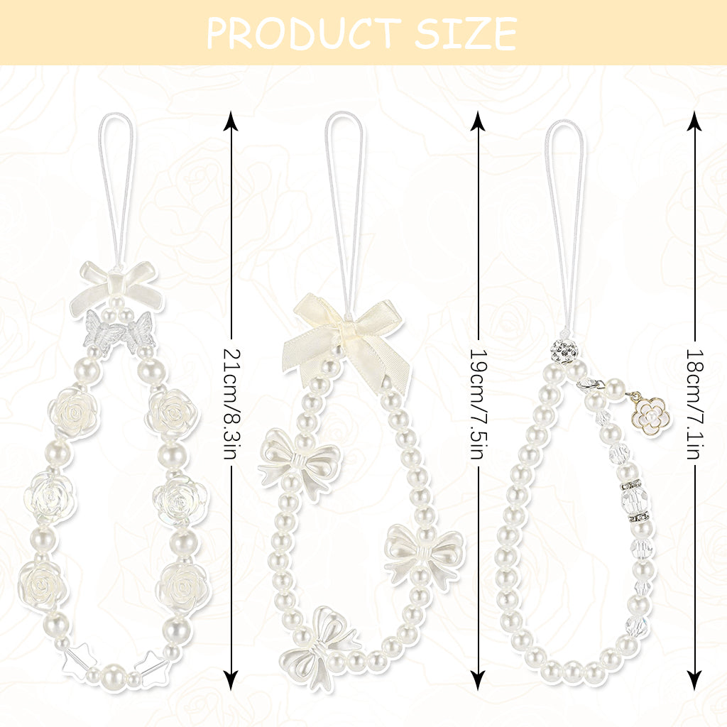 ZORBES® 3Pcs Chic Pearl Beaded Phone Charm Lanyard Flower Charm Bow Phone Loop String Phone Strap Phone Grip Lanyard Cute Girls Phone Charm Fashion Beaded Phone Chain Gifts for Girls.