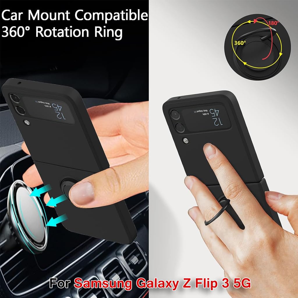 ZORBES® Phone Case for Samsung Galaxy Z Flip 3 5G 6.7 Inch with Built in Metal Grip TPU Anti Scratch Black 3 PCS