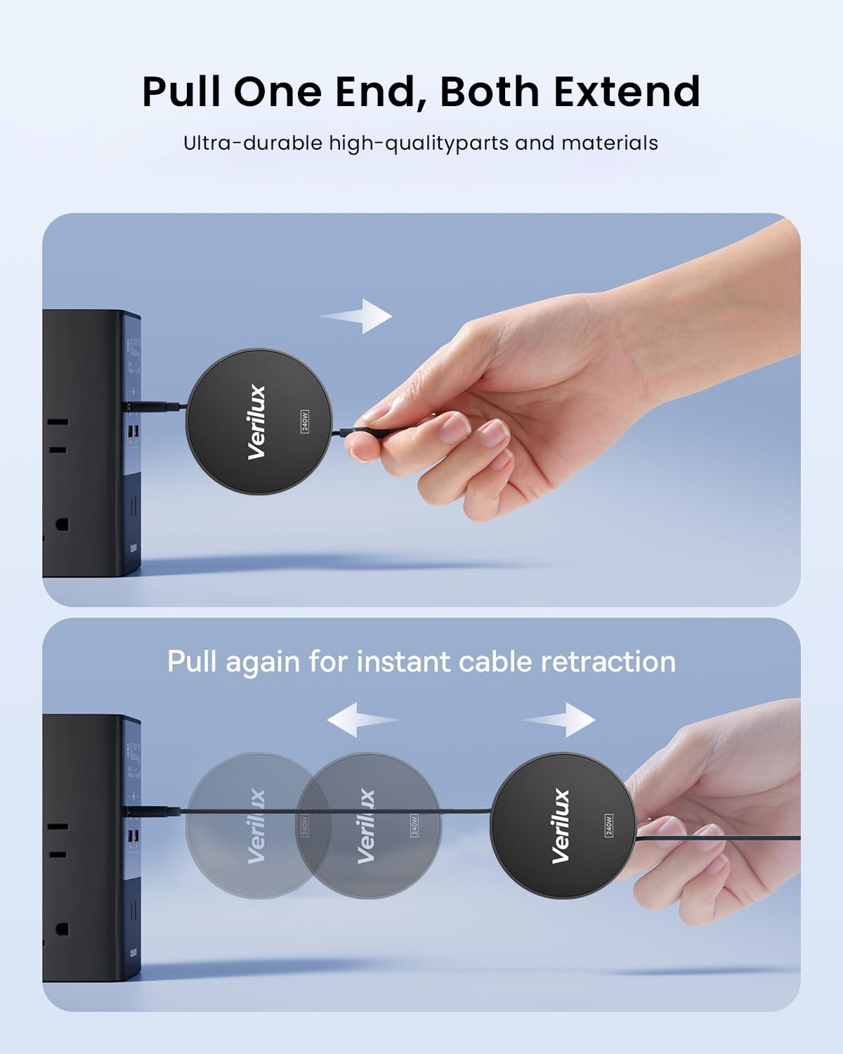 Verilux USB C to USB C Retractable Cable 3.3ft with 240W PD Fast Charging | Black