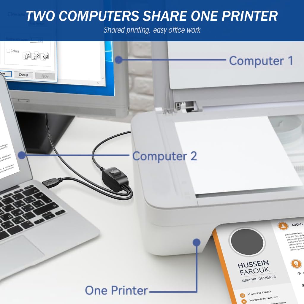 Verilux® 5FT Printer Cable with Switcher, Dual USB to USB-B Printer Cable for Two Computers Nylon Gold Plated Printer Cable for HP, Canon, Dell, Epson, Lexmark, Xerox, Samsung and More
