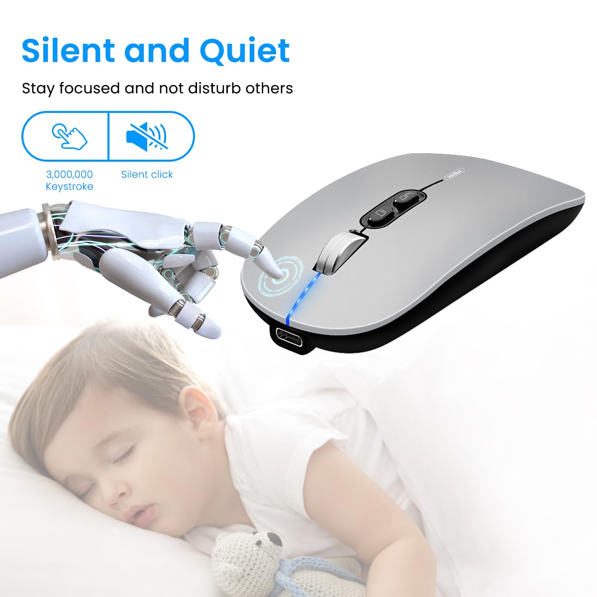 Verilux Wireless Mouse for Laptop featuring Dual Mode 2.4G and Bluetooth 5.1 | Grey 3PCS