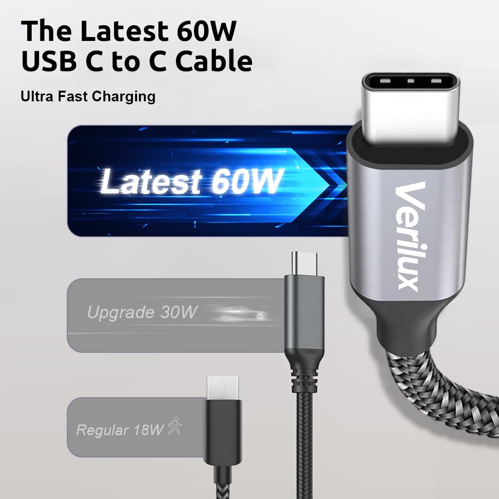 Verilux USB C Cable for Fast Charging with 60W Power Delivery and 16.4ft Nylon Braid | 3 Pack