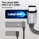 Verilux USB C Cable for Fast Charging with 60W Power Delivery and 16.4ft Nylon Braid | 3 Pack