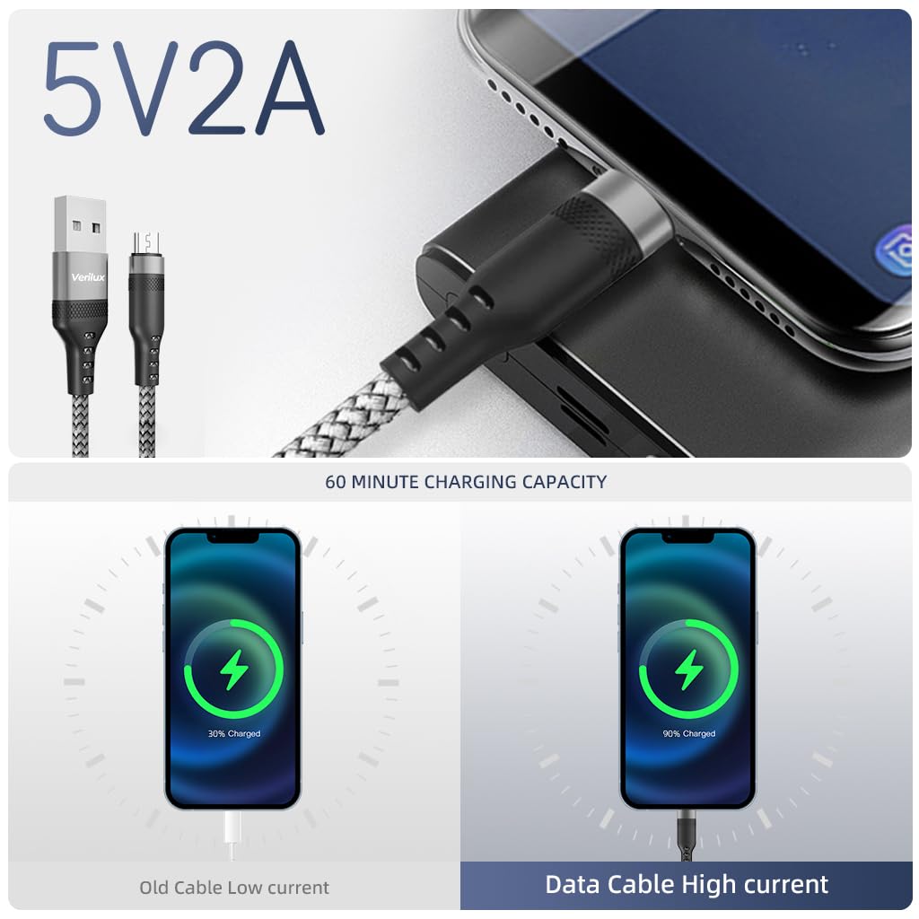 Verilux® 10Ft/3M Micro USB Cable, 5V/2A Micro USB Cable Fast Charging, 480Mbps Data Sync Micro USB Data Cable, Nylon Braided charging cable micro usb for Phone, Tablet, Micro USB Port Enabled Mobile