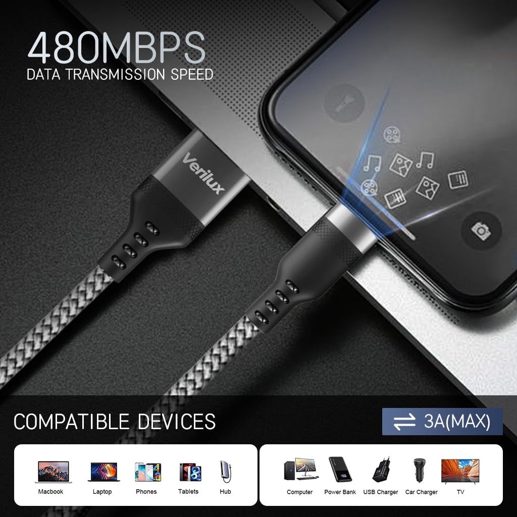 Verilux® 8M/26Ft Type C Charging Cable, 10W Charging Cable Ultra Long TYPE C Charging Cable Data Cable Compatible with Phone, Tablet, PS5 & More C Type Devices, Grey