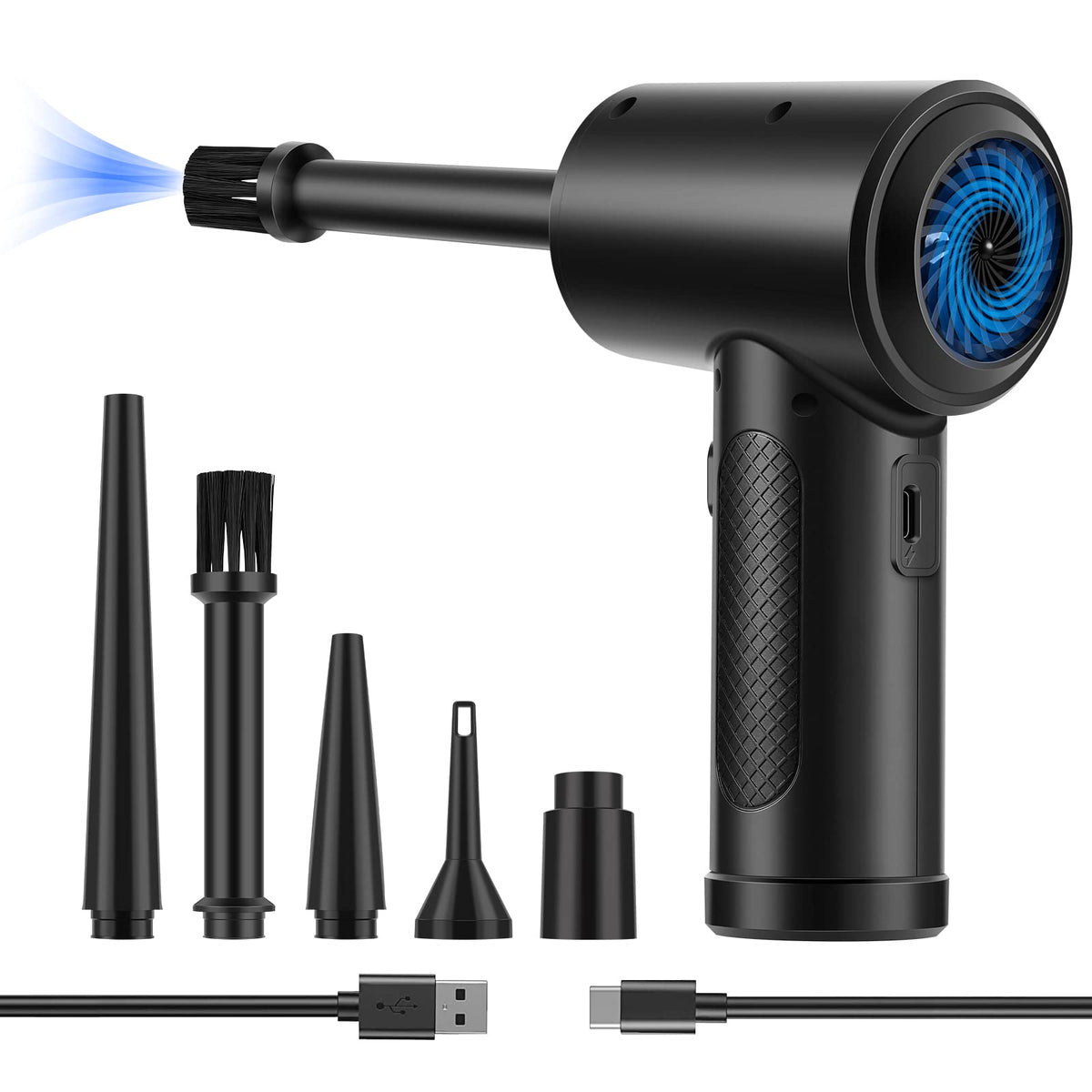 Verilux® Electric Air Duster 2 In 1 Air Blower Air Pump with 5 Nozzles, 3-speed Air Duster with LED Light USB Cordless Handheld Compressed Air Blower for Car Dusting, Keyboard Maintenance