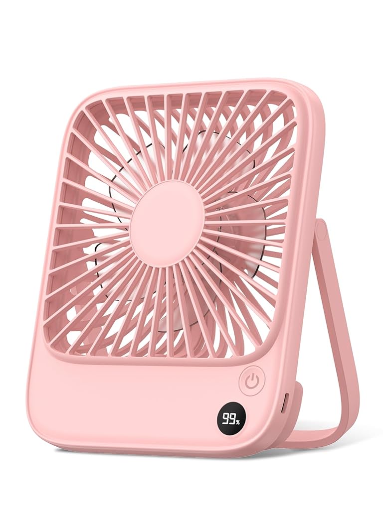 Verilux® USB Fan Mini Desk Fan with Kickstand 4-Speed USB Cooling Fan Travel Tabletop Fan 5000mAh USB Rechargeable USB Fan for Office, Dorm, Kitchen, Pink