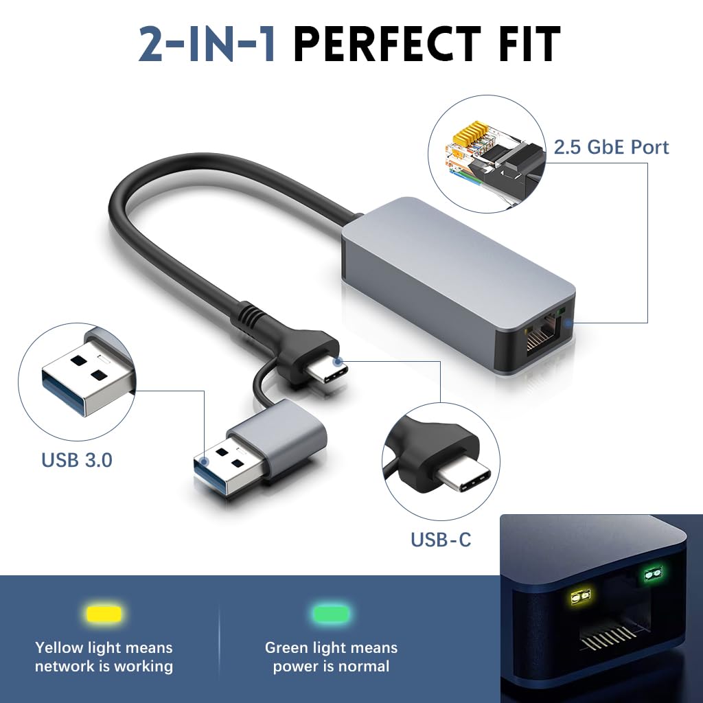 Verilux® USB C to Ethernet Adapter 2.5 Gbps, 2-in-1 USB to 2.5G Ethernet Adapter, USB-C to RJ45 Network Converte, Aluminum Case for Windows, Mac OS, iPad OS