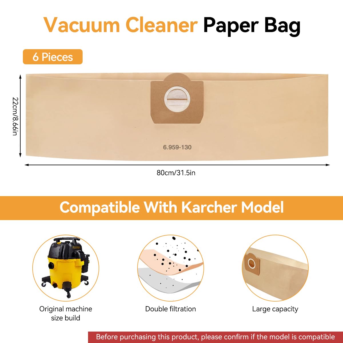 Verilux Vacuum Cleaner Dust Bags for Karcher WD3 MV3 featuring 6 Pack Paper Filter Design