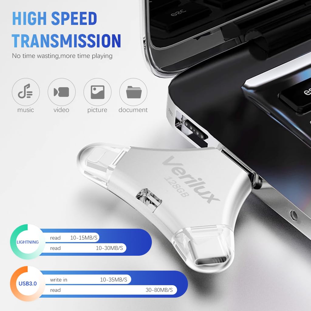 Verilux Pendrive 128 GB for iPhone and Android with 4 in 1 Type C Ports | Frosted Metal Design