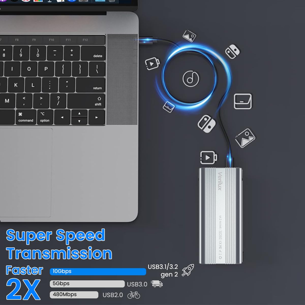 Verilux M.2 NVMe SSD Enclosure with 10Gbps USB 3.1 Gen2 and RTL9210B Chipset | Aluminum RGB Design