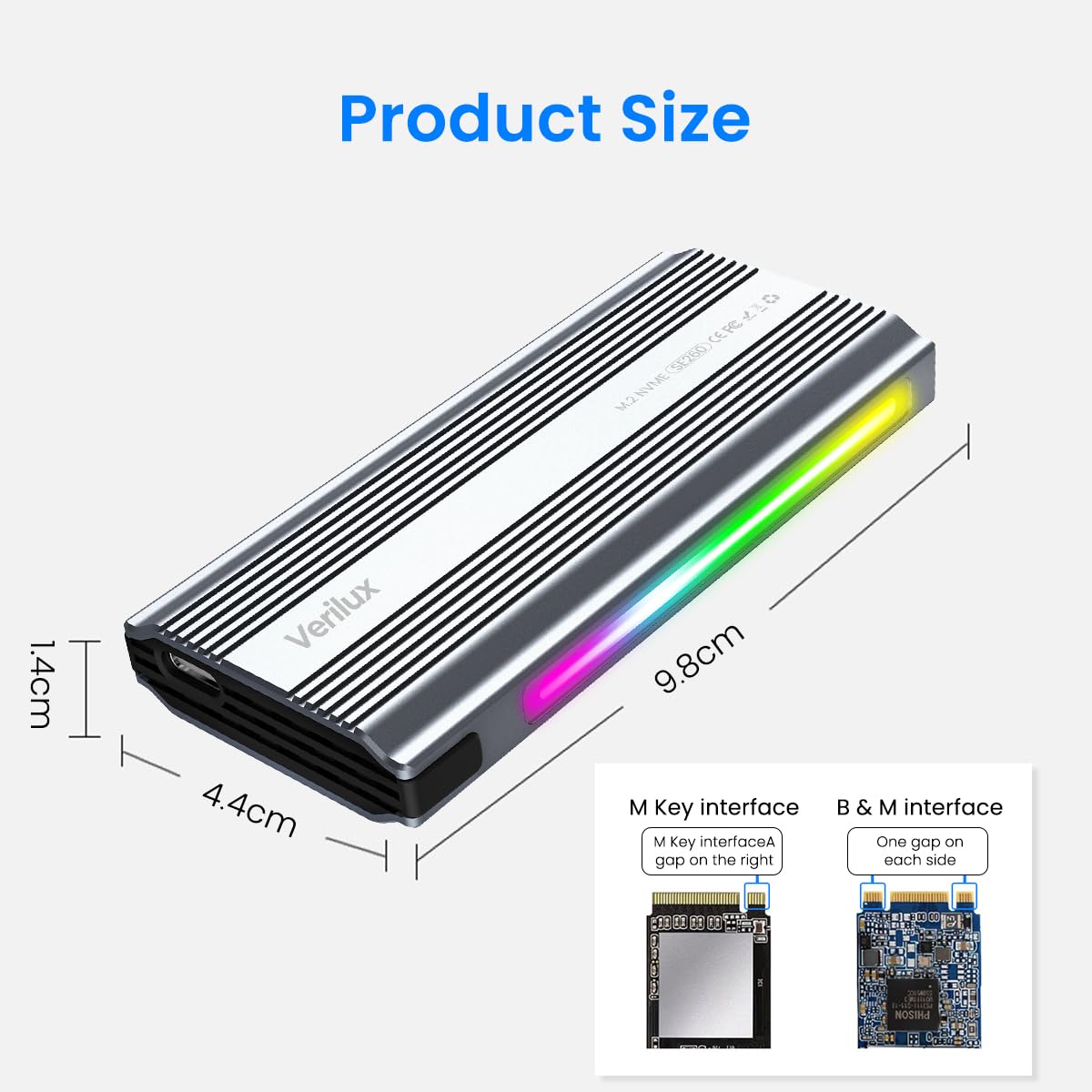 Verilux M.2 NVMe SSD Enclosure with 10Gbps USB 3.1 Gen2 and RTL9210B Chipset | Aluminum RGB Design