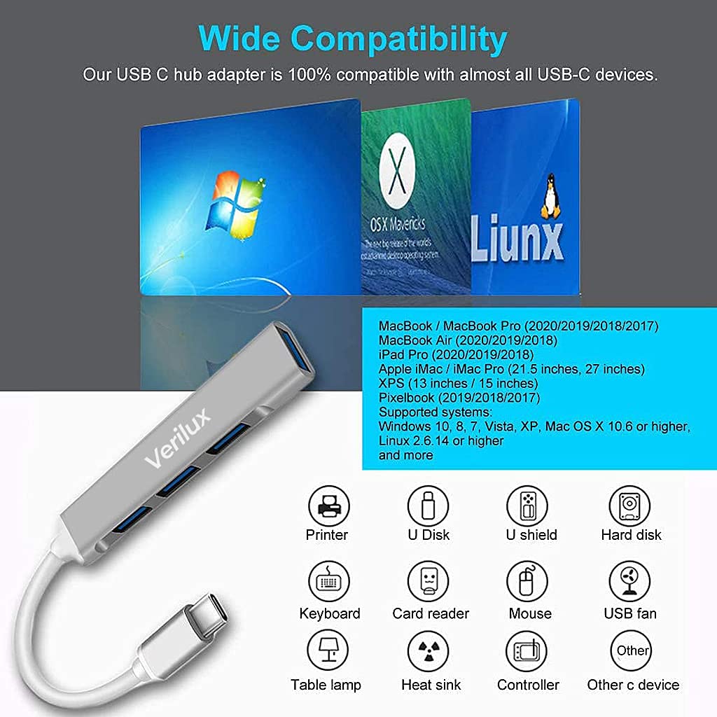 Verilux USB Hub 3.0 featuring 4 in 1 ports for PC and laptop with 5Gbs transfer speed | plug and play