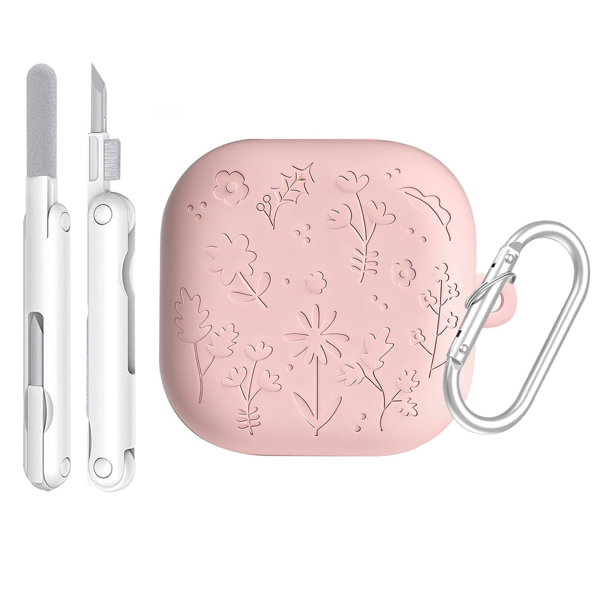 ZORBES® Compatible with Samsung Galaxy Buds 4/4 Pro, Silicone Charging Case Cover, Custom-fit, Anti-Scratch Protective Charging Case Shell, with Carabiner & Cleaning Tool, Pink Embossed Floral Design