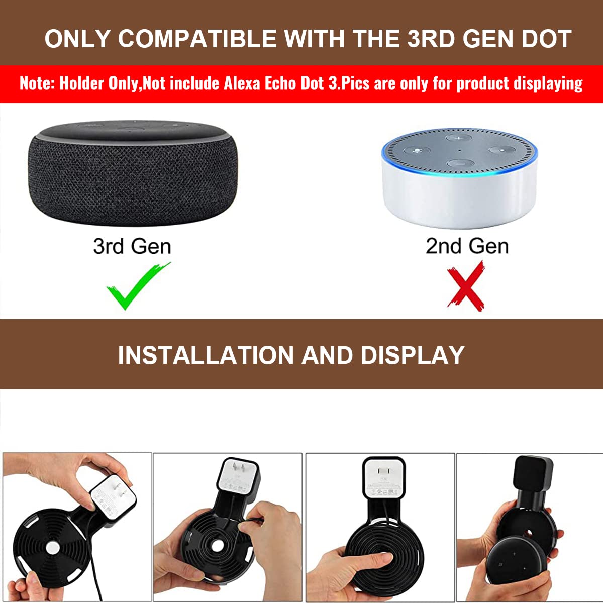 ZORBES® Wall Holder for Alexa Echo Dot 3rd Generation, Space-Saving Solution Wall Mount with Cord Management for Your Smart Home Speakers, Alexa Echo Dot Accessories (Holder Only, Black)