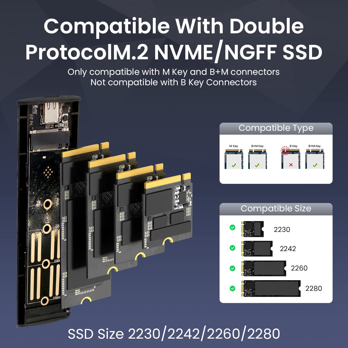 Verilux M.2 NVMe SATA SSD Enclosure SATA to USB HDD Enclosure with 2 in 1 USB Cable Tool-Free USB 3.2 Gen 2 10Gbps NVMe PCI M-Key/B+M Key, Aluminum External SSD Hard Drive Case Complies with UASP