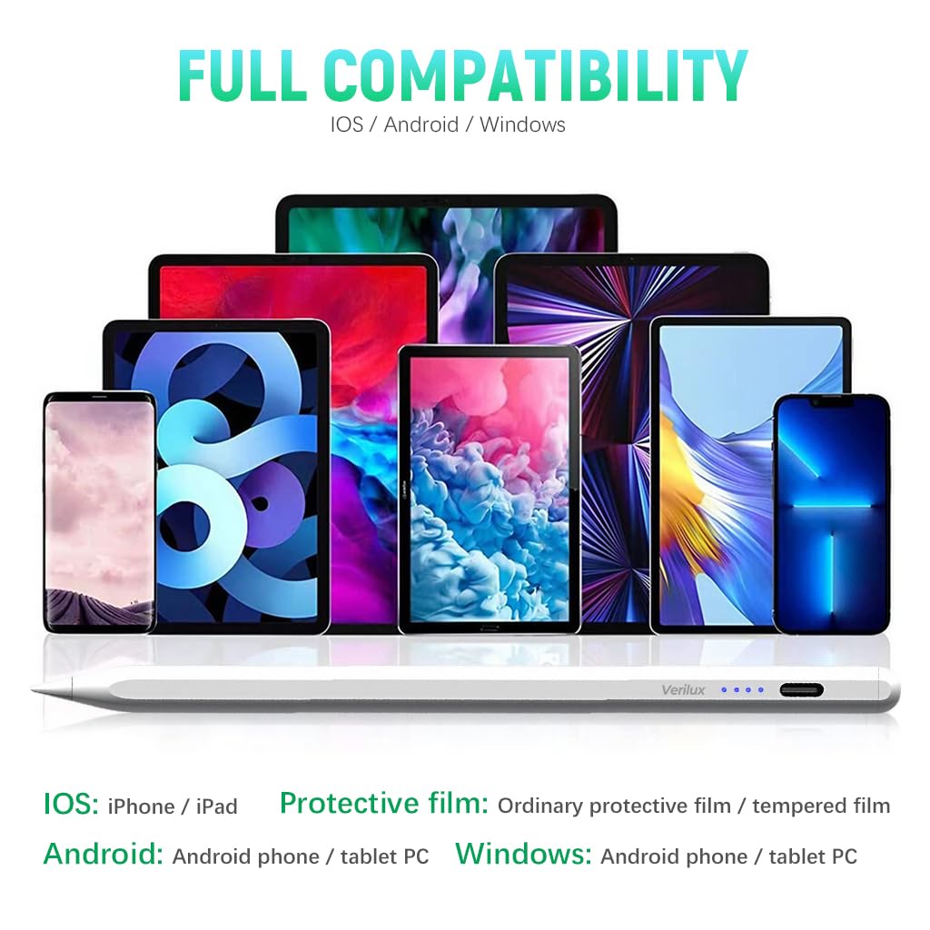 Verilux® Tablet Stylus Pen with 4 Tips, Universal Stylus Pen for Issued after 2018 iOS & Android Tablets, USB Rechargeable Magnetic Tablet Stylus Pen for iPad -No Bluetooth No Palm Rejection Function-