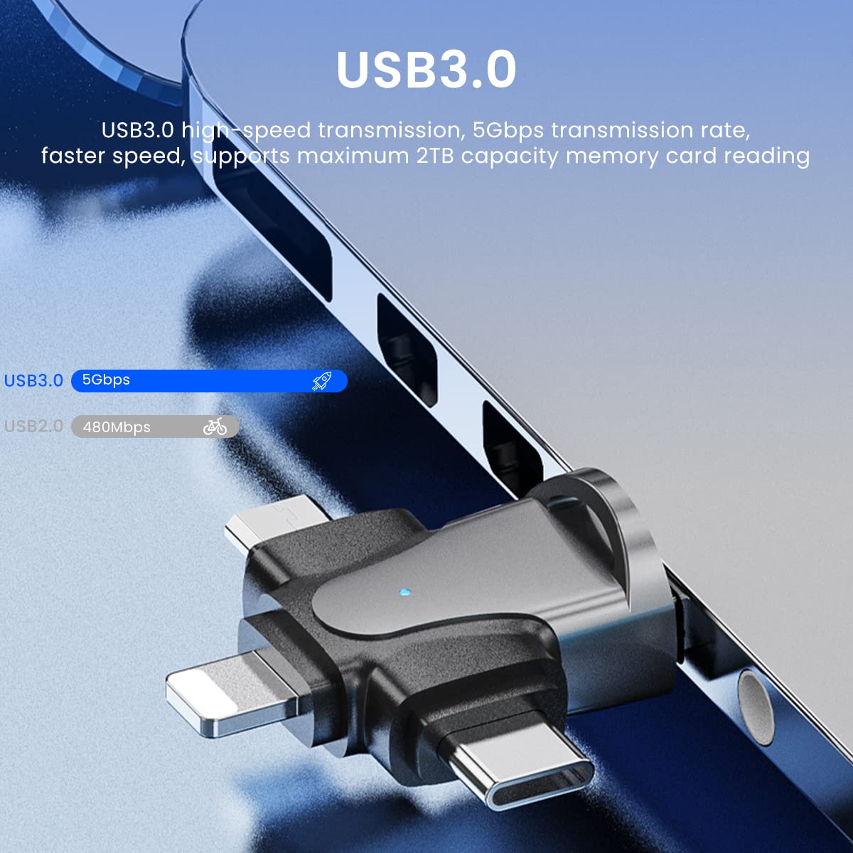 Verilux Micro SD Card Reader 4 in 1 with USB 3.0, Type C, Micro USB and Lightning | Compatible with iPhone, iPad, Android, Macbook and PC