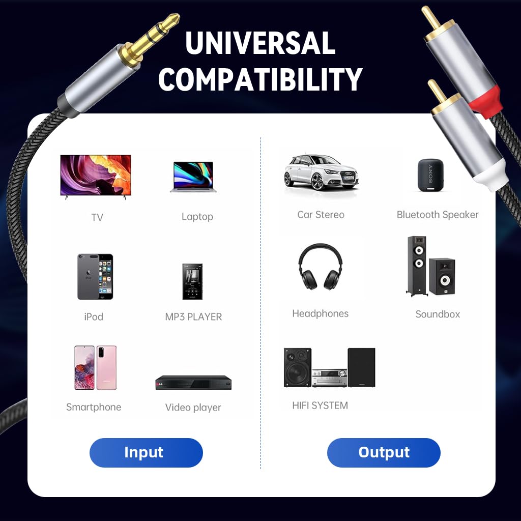 Verilux 3.5 mm to 2 RCA Cable for Car and Home Audio with Gold Plated Connectors | 9.8 ft Nylon Braided
