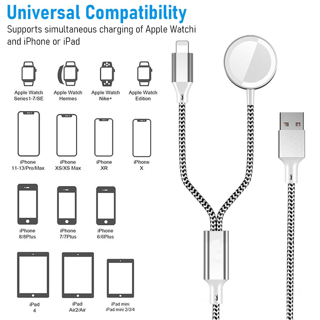 ZORBES® For Apple Watch Charger 2-In-1 Smart Watch Charger For Apple Watch Se/6/5/4/3/2/1&For Iphone 14/13/12/11/Pro/Max/Xr/Xs/X/Airpods Series For Apple Watch Charger Cable Charging,3.3Ft,Silver