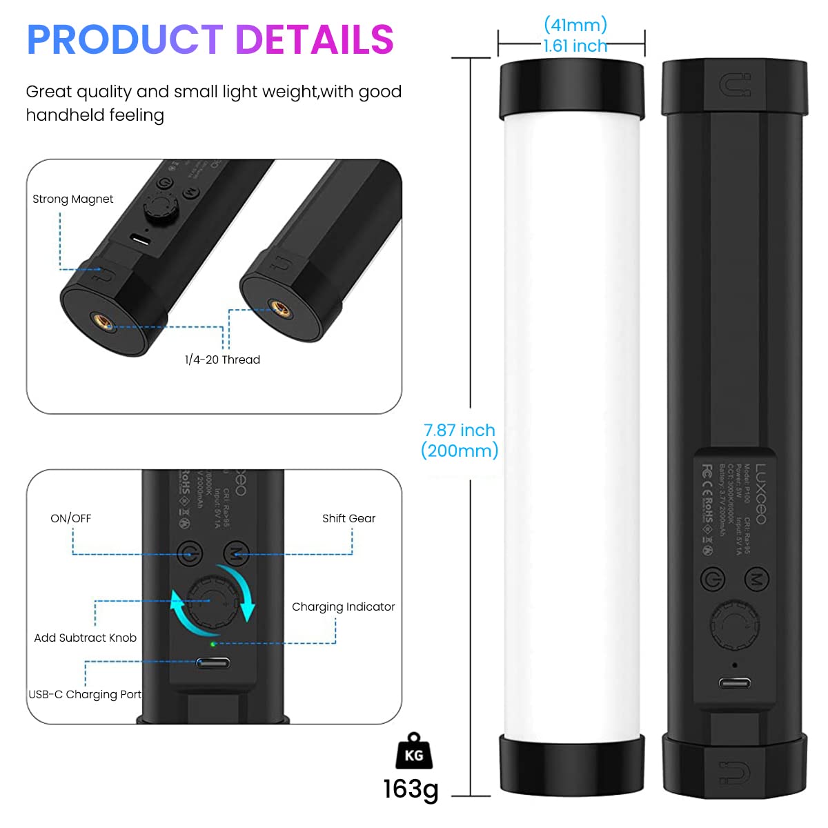 ZORBES® RGB LED Light Stick For Photography, Photography Light With RGB CCT Scene Mode, 3000K-6000K Adjustable, 360° Rotation Megnetic Suction Design, 2000mah Battery for YouTube Photoshoot LiveStream