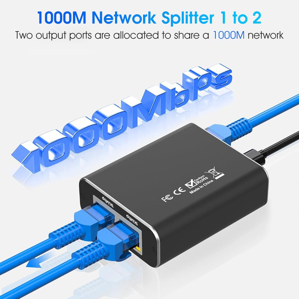 Verilux® Ethernet Splitter USB C Powered 1000Mbps 1 to 2 Ethernet Splitter Ethernet Network Splitter Portable Gigabit Ethernet Splitter for Home, Office, Travel