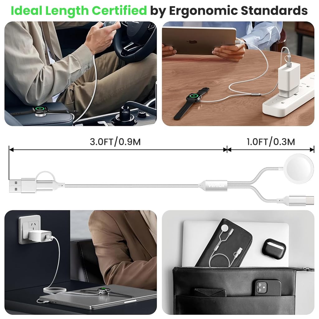 Verilux 4 in 1 Watch Charger Cable for Apple with 4.9 ft USB C Fast Charging Pad | Dual Device Power