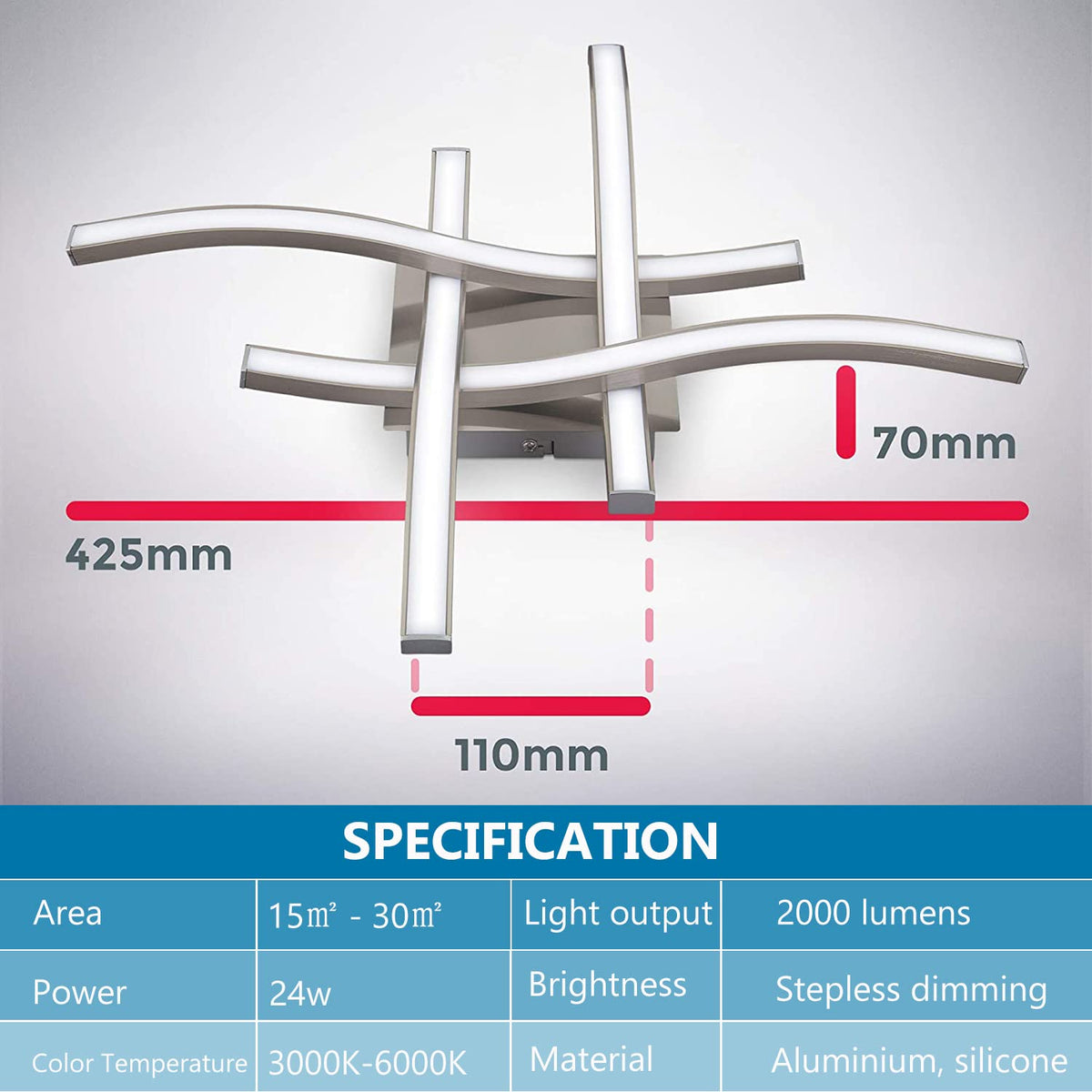Verilux 3 Color Temperature LED Drop Ceiling Lights, 24W Modern Curved Design LED Ceiling Lamp with Remote Control, Metal Flush Mount Ceiling Lighting Fixture 4 Built-in LED Boards