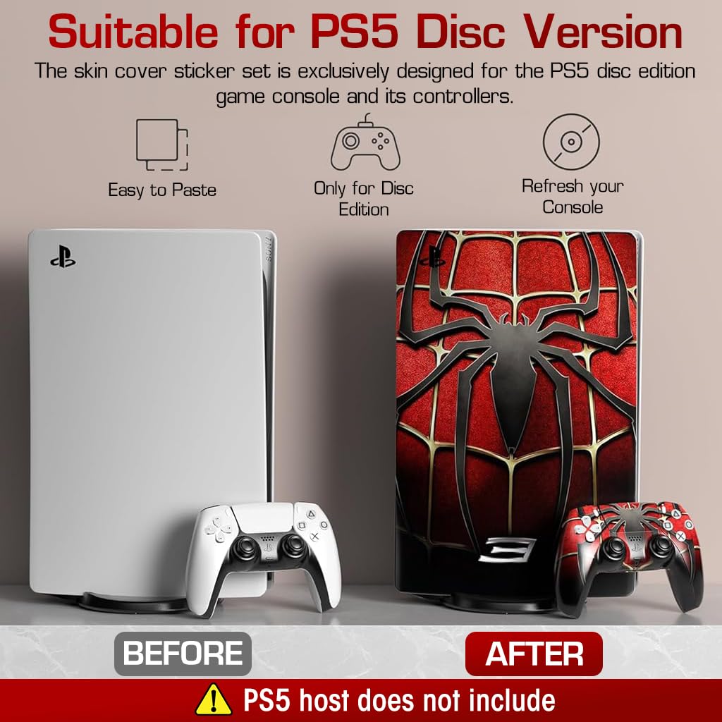 ZORBES® Skin Cover Sticker for PS5 Disc Edition Game Console and Controller Spiderman Themed Skin Cover Vinyl Sticker Creative Anti-Scratch Sticker for PS5 Disc Edition Game Console and Controller