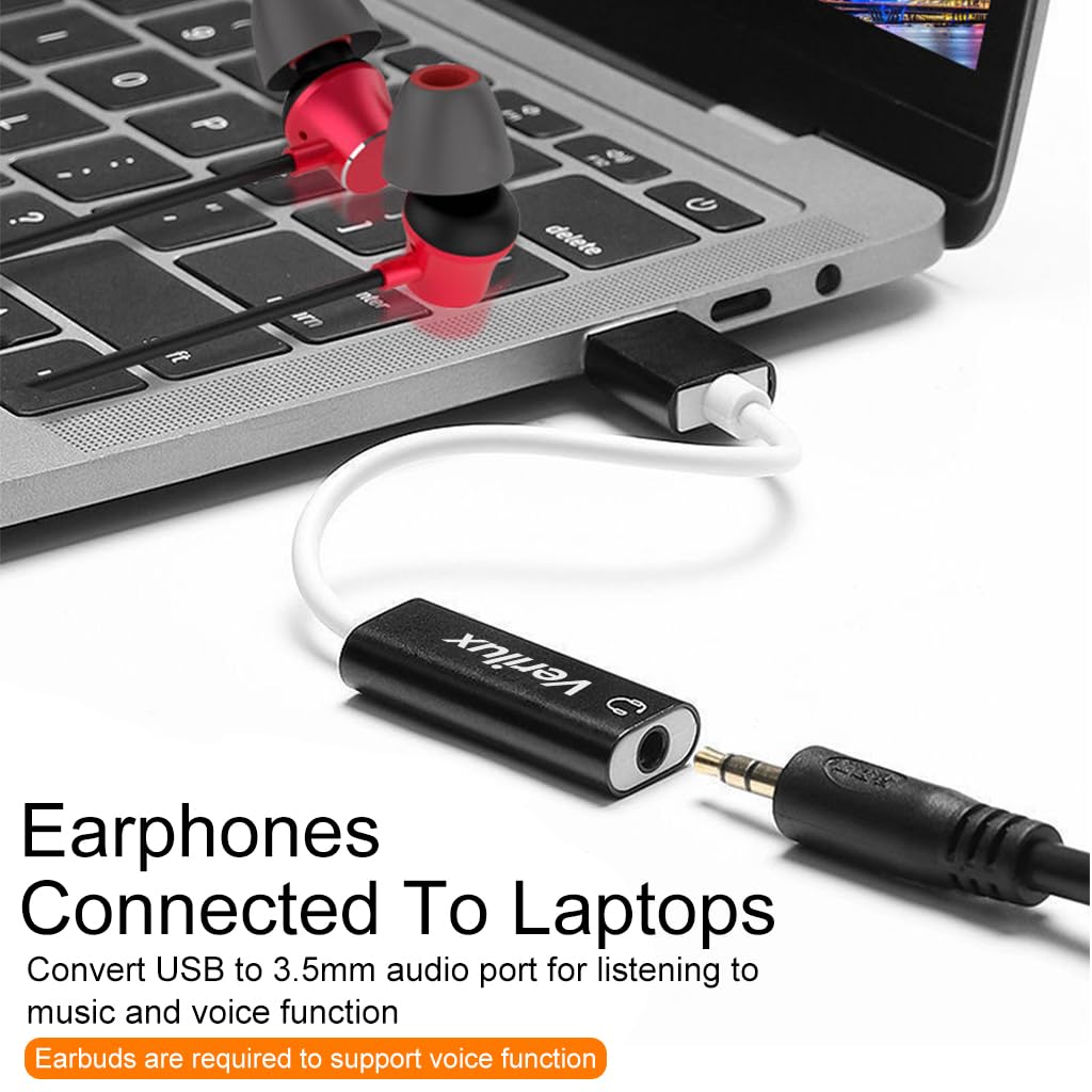 Verilux USB Sound Card for Laptop and PC featuring 3.5mm Audio Adapter | Plug & Play Black