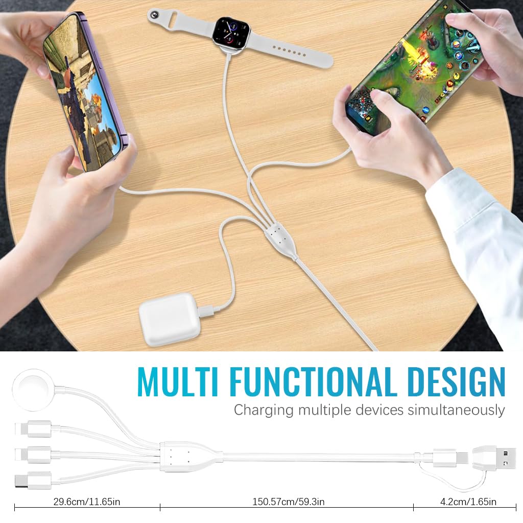 Verilux Watch Charger Cable for Apple with 5.9ft Length and Magnetic Charging Module | USB C and Lightning Connectors