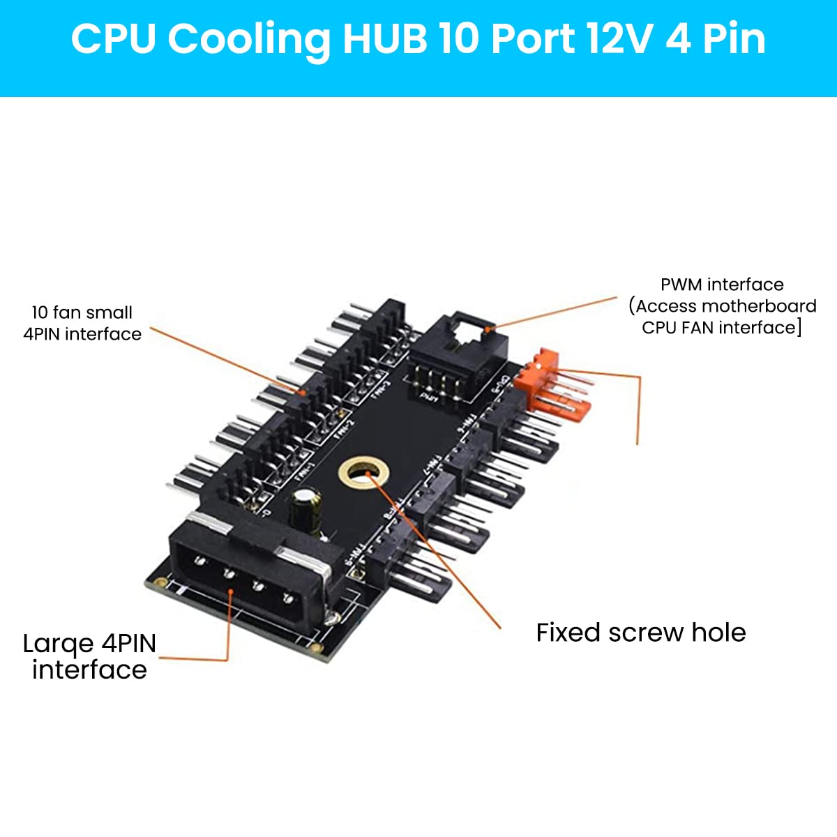 Verilux PC PWM Fan Hub for CPU Cooling with 10 Port 12V 4 Pin Splitter | Easy Install