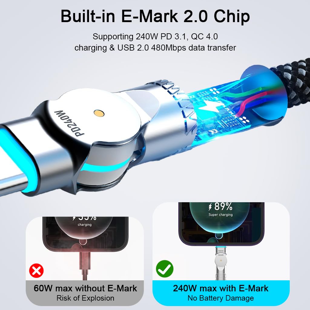 Verilux USB C Cable for Fast Charging with 180 Degree Rotating Head and 9.8 ft Length | LED Tip