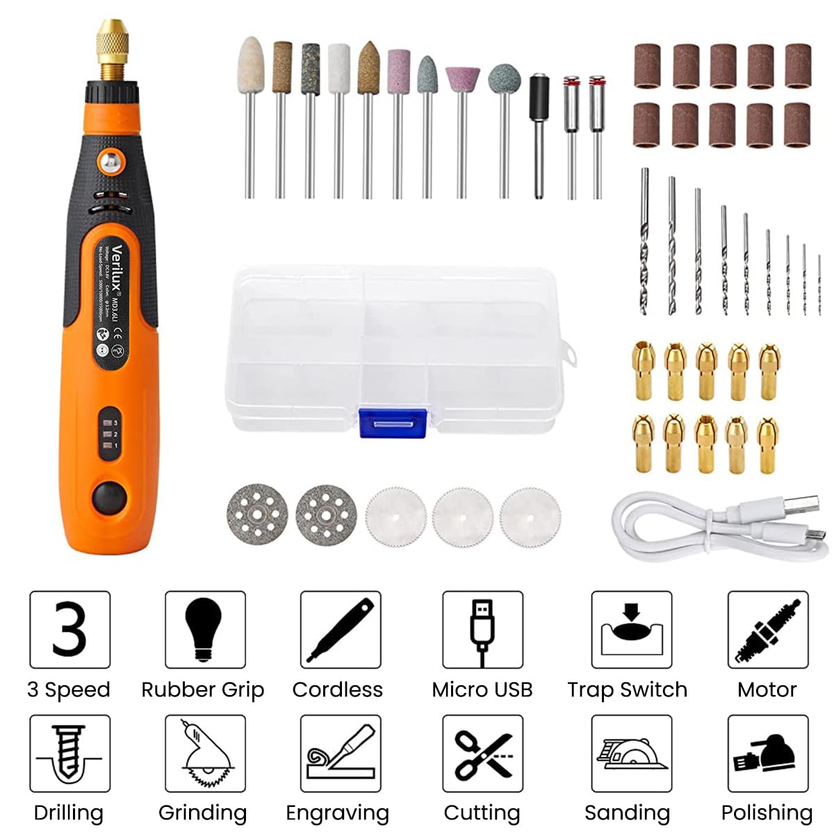 Verilux Mini Cordless Drill Machine for DIY Craft with 45pcs Kit and USB Rechargeable Design
