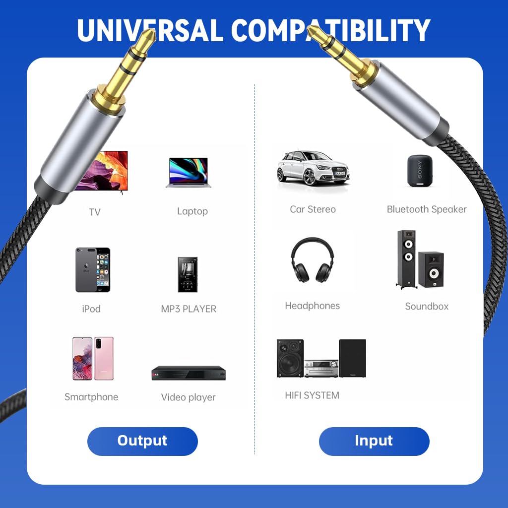 Verilux Aux Cable for Speakers with 9.8 ft Length and Gold Plated Connectors | Nylon Braided