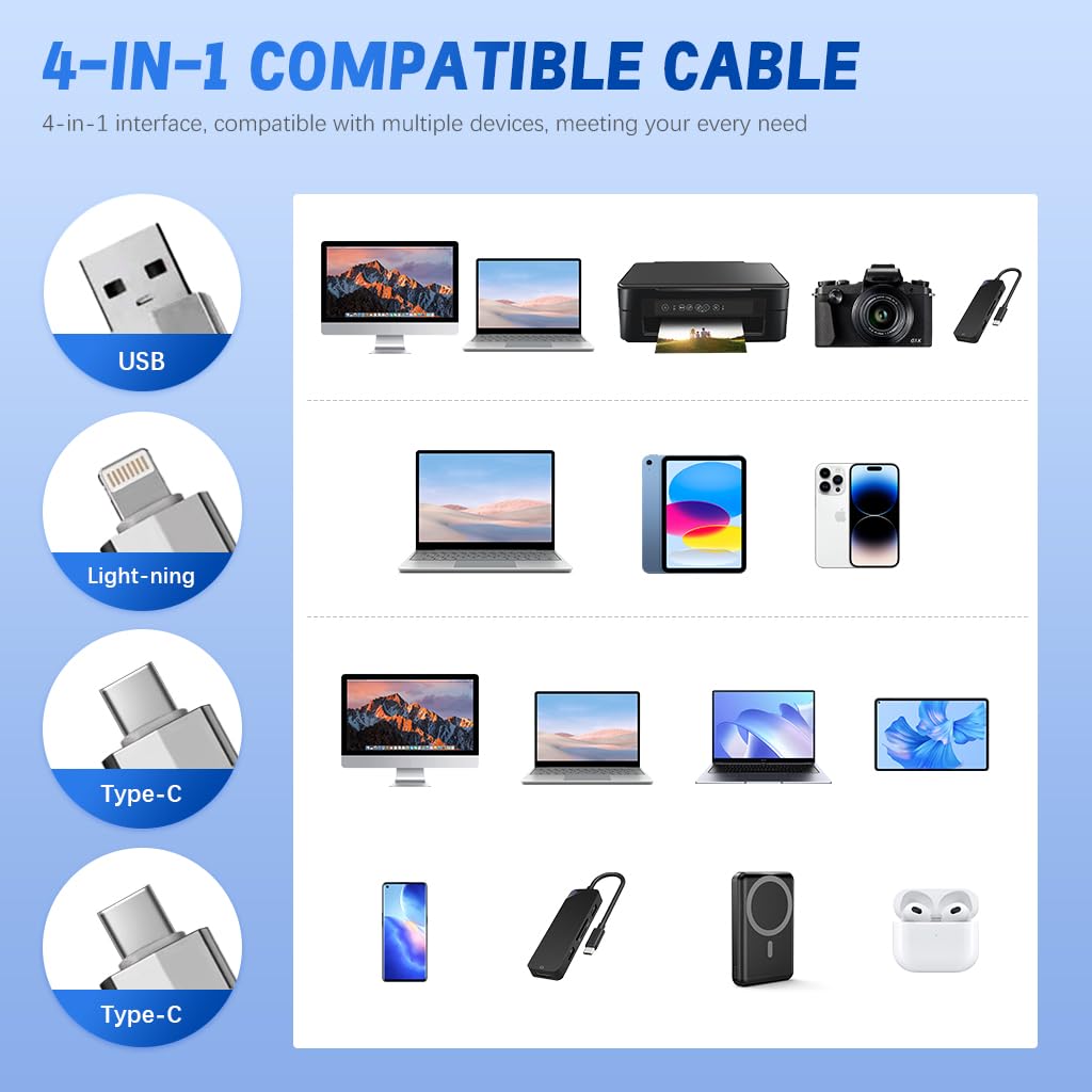 Verilux 4 in 1 Magnetic USB C Cable 3.3ft 100W PD with Nylon Braid | Fast Charging and Data Transfer