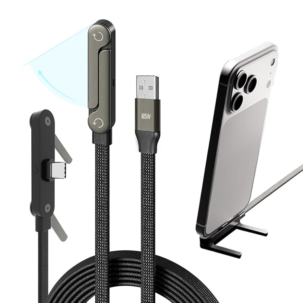 Verilux® PD 65W USB A to TYPE C Charging Cable 6.6ft Flat Nylon Webbing FastCharging Cable, Angled TYPE C Connector Design with Integrated Mini Folding Phone Stand