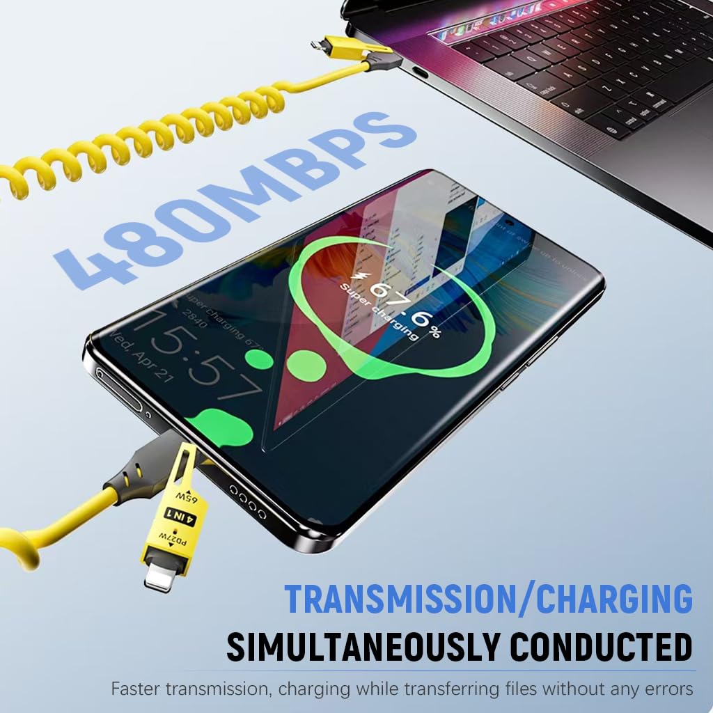 Verilux® USB C to USB C Cable for i-Phone 16/15/14/13 PD 65W 4 in 1 Fast Charging Cable with USB A & Light-ing Conector Spring Coiled Travel Charging Cable for Phone, Tablet, More