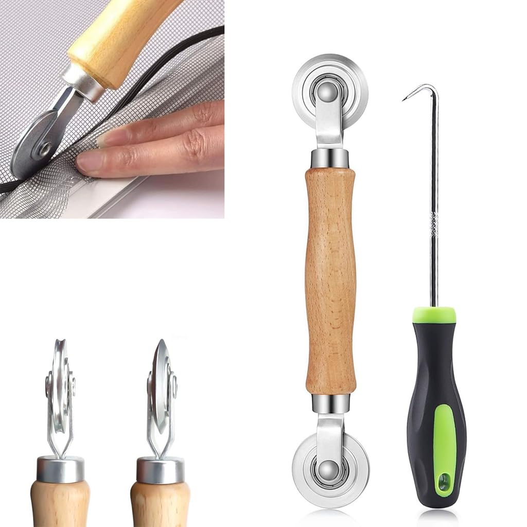 Serplex® Screen Roller Tool, Screen Spline Tool, Spline Roller, Steel/Nylon Roller with Bearing + Removal Hook, Window Screen Door Repair Kit, for Installing Door Window Mesh