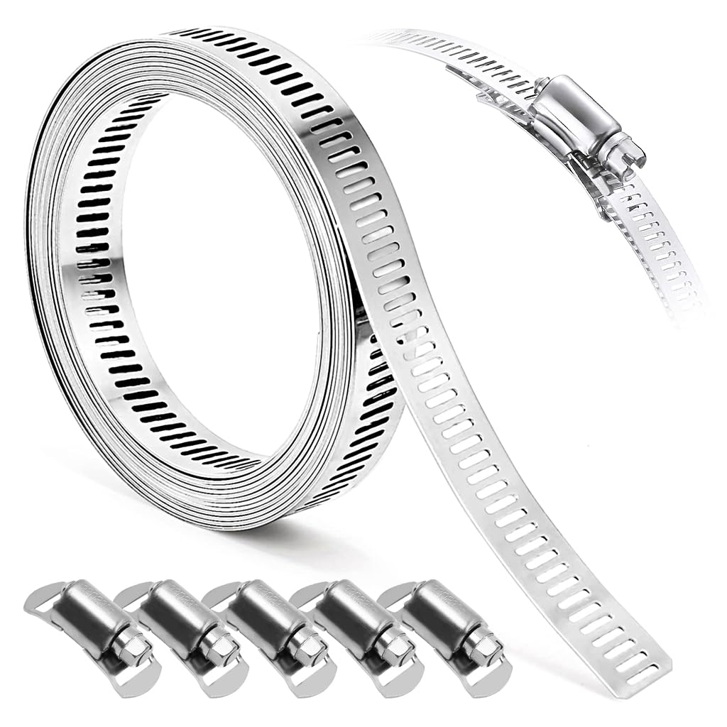 Serplex® 6.6ft Hose Clamp Roll 304 Stainless Steel Hose Clips with 5 Fastening Bolts Attachment Cuttable Hose Clamp Band for Plumbing, Pipe Repairing, DIY