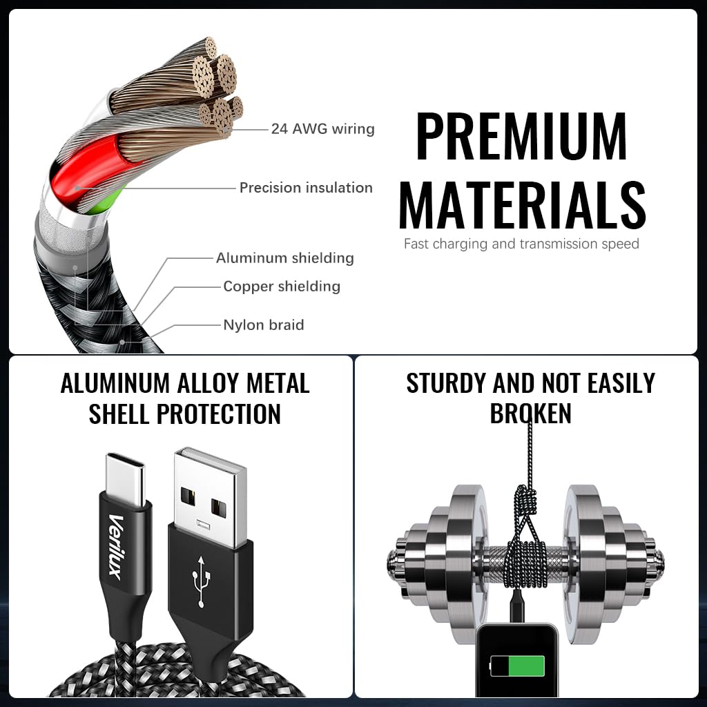 Verilux® 10ft USB C Charging Cable Data Cable USB A to Type C Cable Travel USB to Type C Cable Data Cable Long Braided Nylon Type C Cable for Phone, Tablet