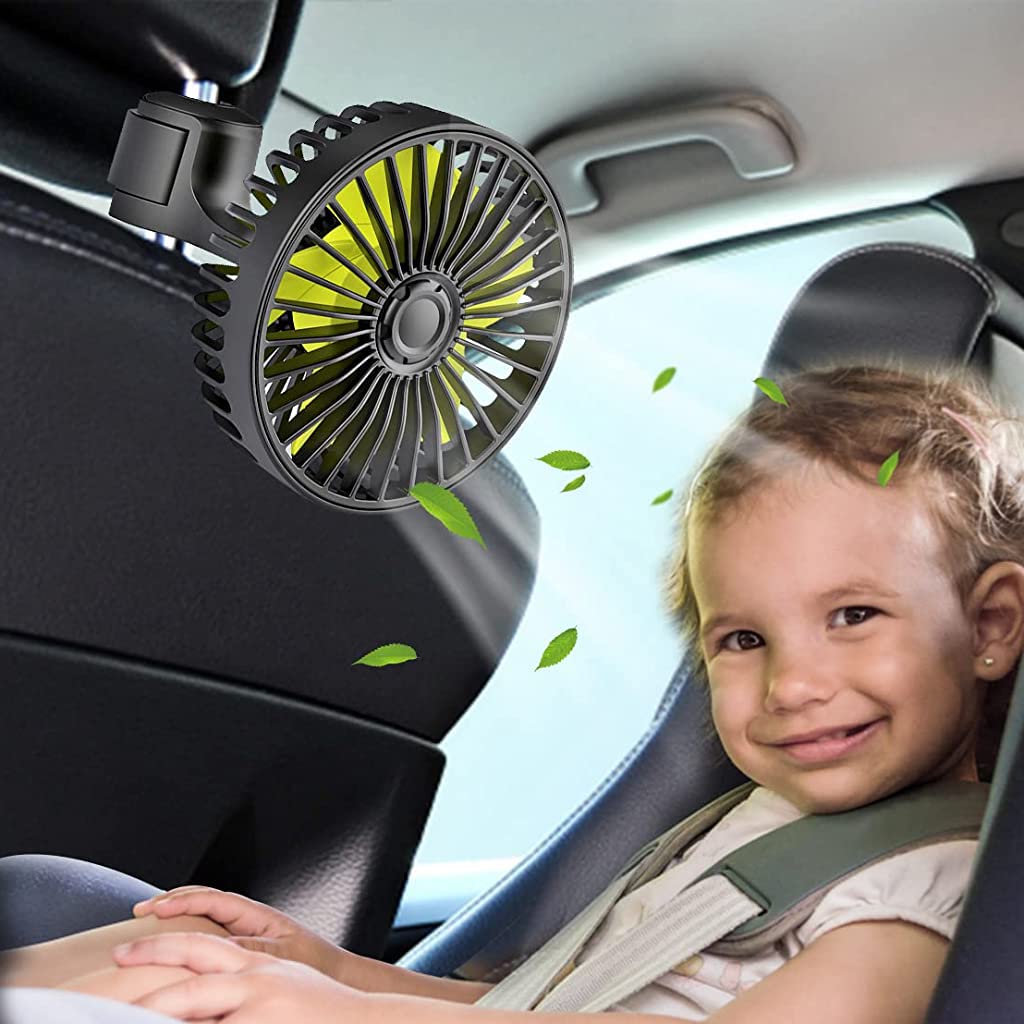 Verilux USB Fan for Car Back Seat with 3 Speed Settings and Rotatable Headrest Mount | Safe for Baby Passengers