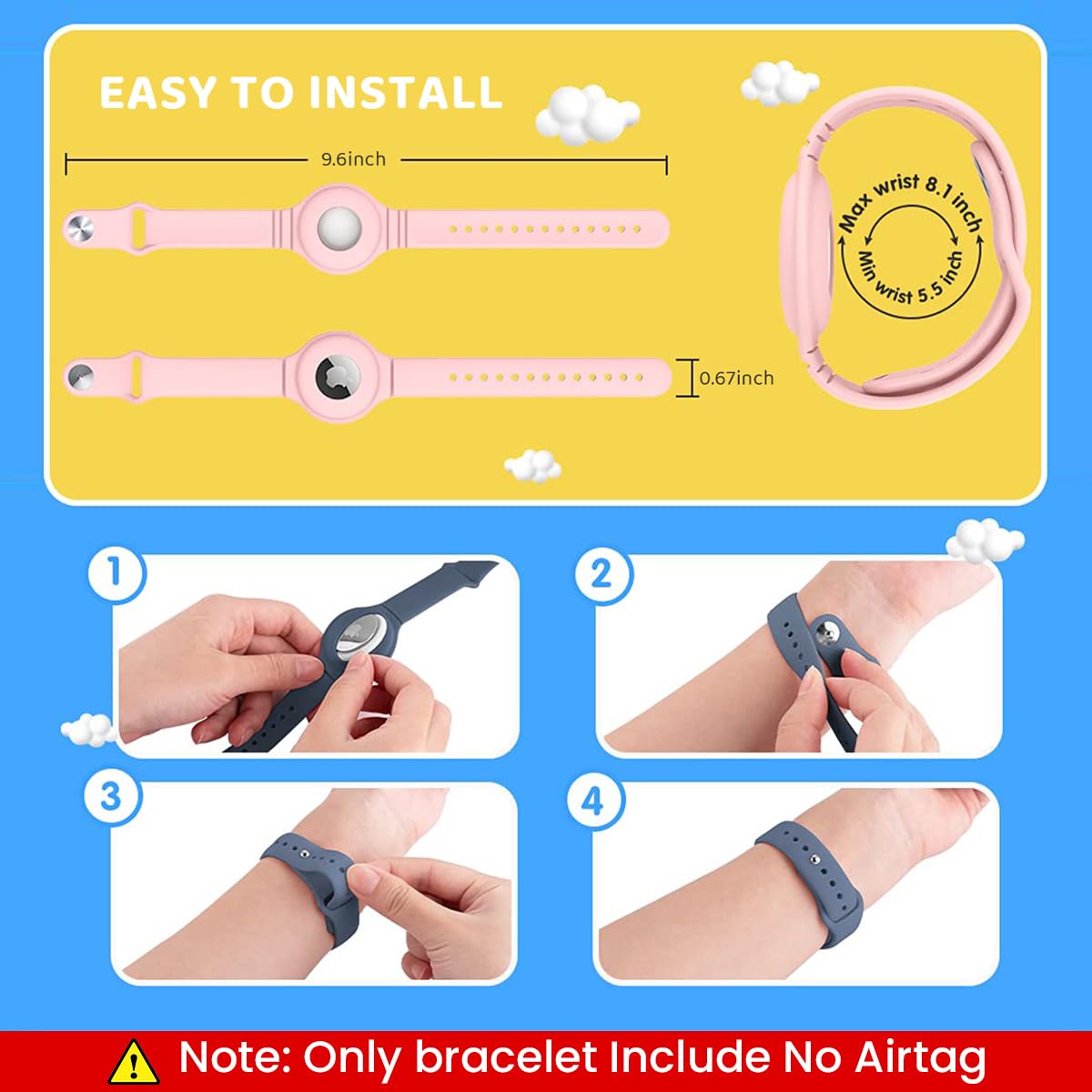 ZORBES® AirTag Bracelet for Kids, 2 Packs Silicone Watch Bands with Upgraded Studs Anti-dropping Bracelet Wristband for Children, Airtag Watch Band Kids Compatible with AirTag, Only bracelet Include No Airtag