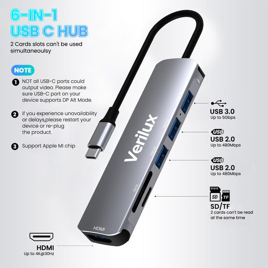 Verilux USB C Hub 6 in 1 Adapter for Laptop with 4K HDMI and SD TF Card Reader | Aluminum