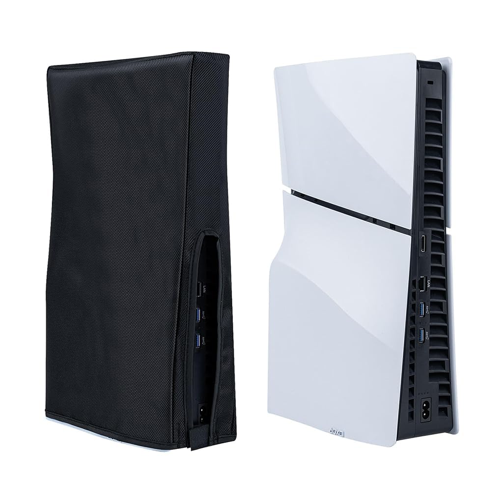 thumbnail interactive-video image 1 of Horizontal Dust Cover With White Accent For PS5 Console – Black Nylon Protection 1 of 5