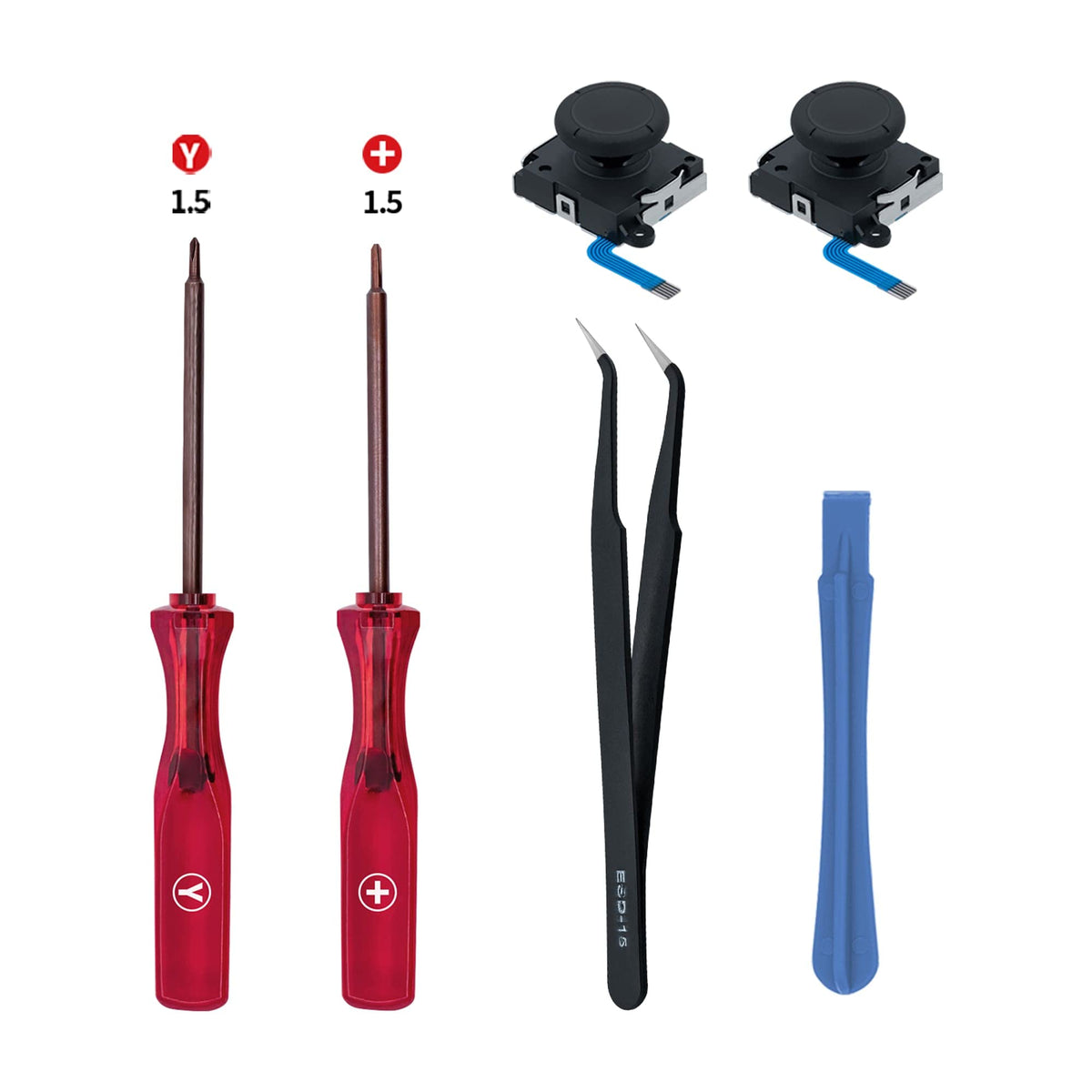 ZORBES® Switch Joy-Con Repair Kit with 2 Replacement 3D Analog Sticks, Y1.5 Tri-Wing & PH1.5 Screwdrivers, Pry Tool & Anti-Static Tweezers Complete DIY Tool Set