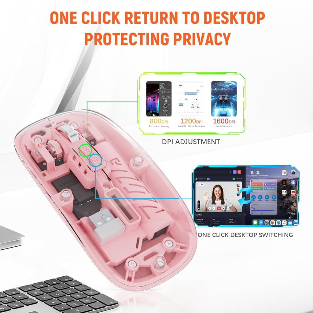 Verilux® Transparent Wireless Mouse, Rechargeable Dual Modes 2.4G & 5.1 Bluetooth Mouse